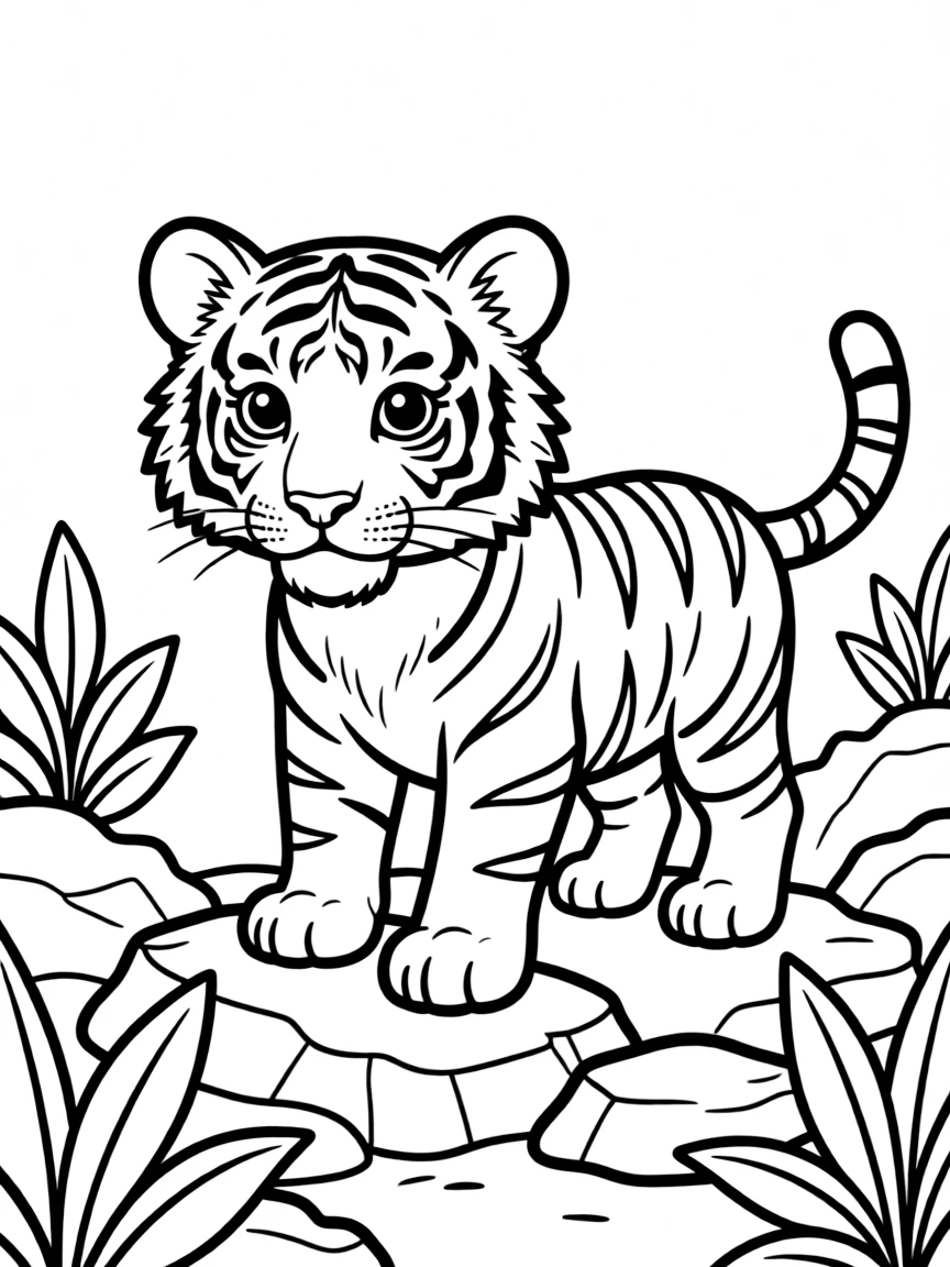 A tiger cub exploring a rocky terrain.
