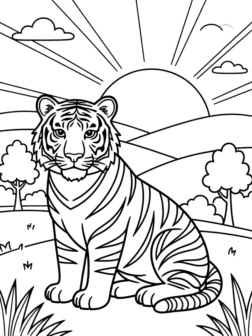 A tiger with a detailed sunset background.