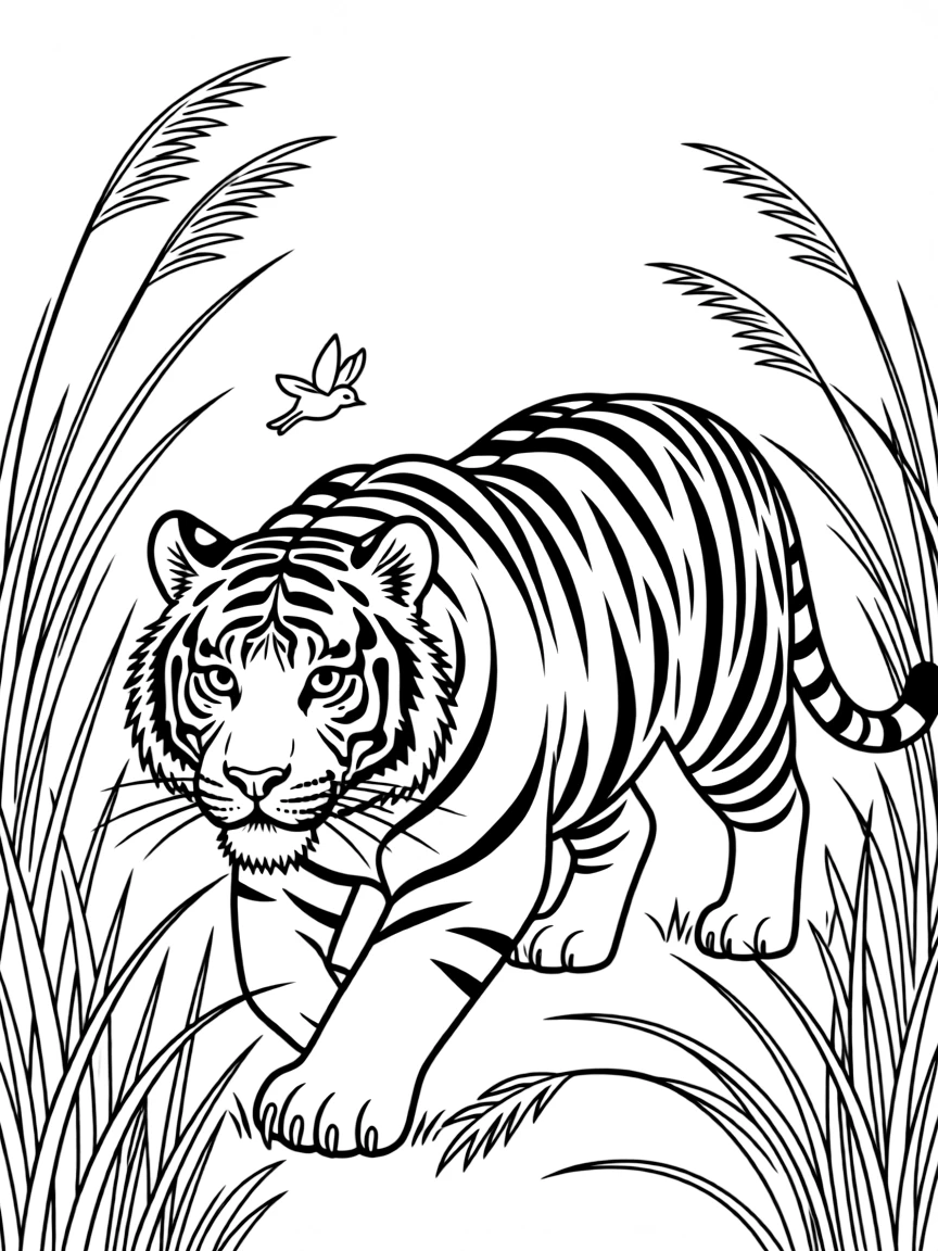 A tiger stalking prey in tall grass.