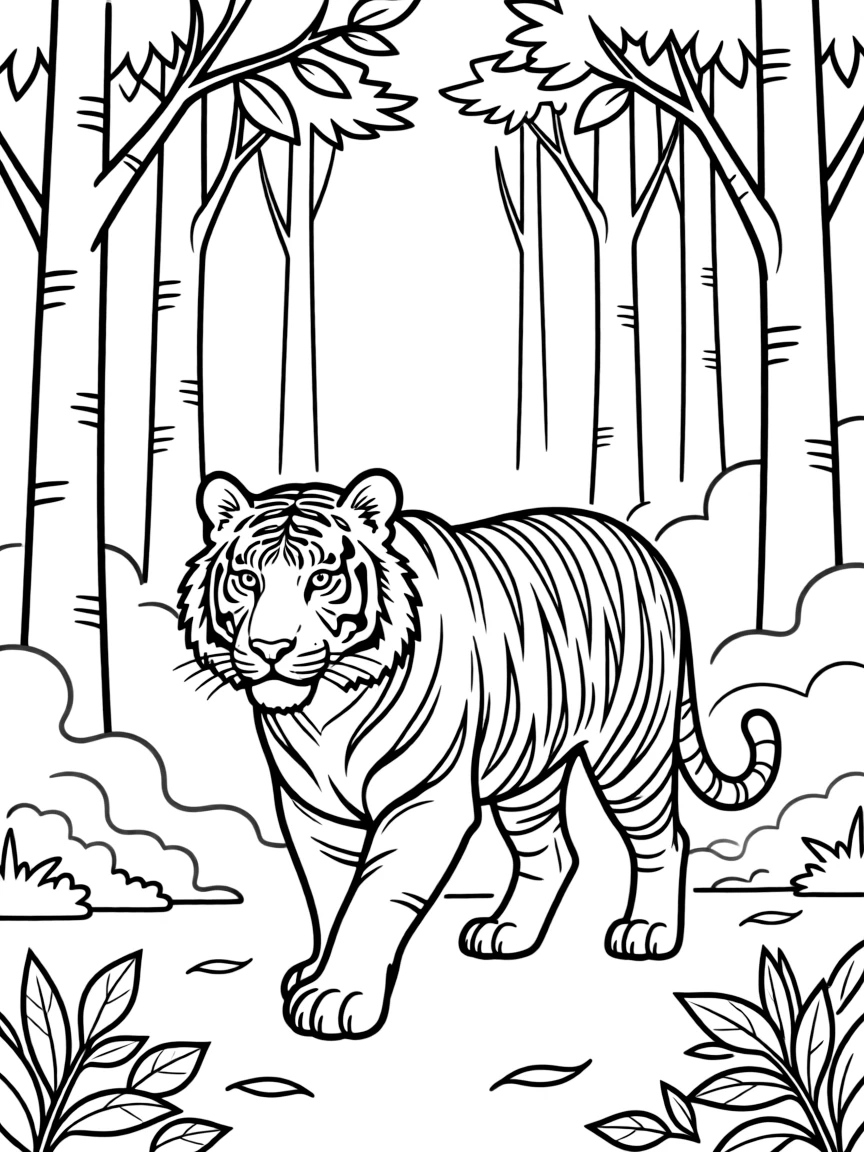 A tiger walking through a misty forest.