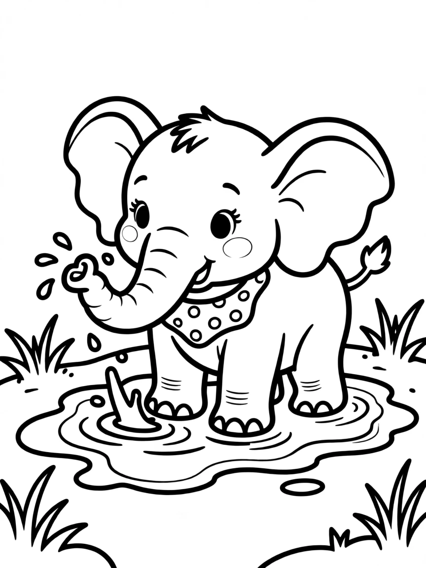 A baby elephant playing in a mud puddle.