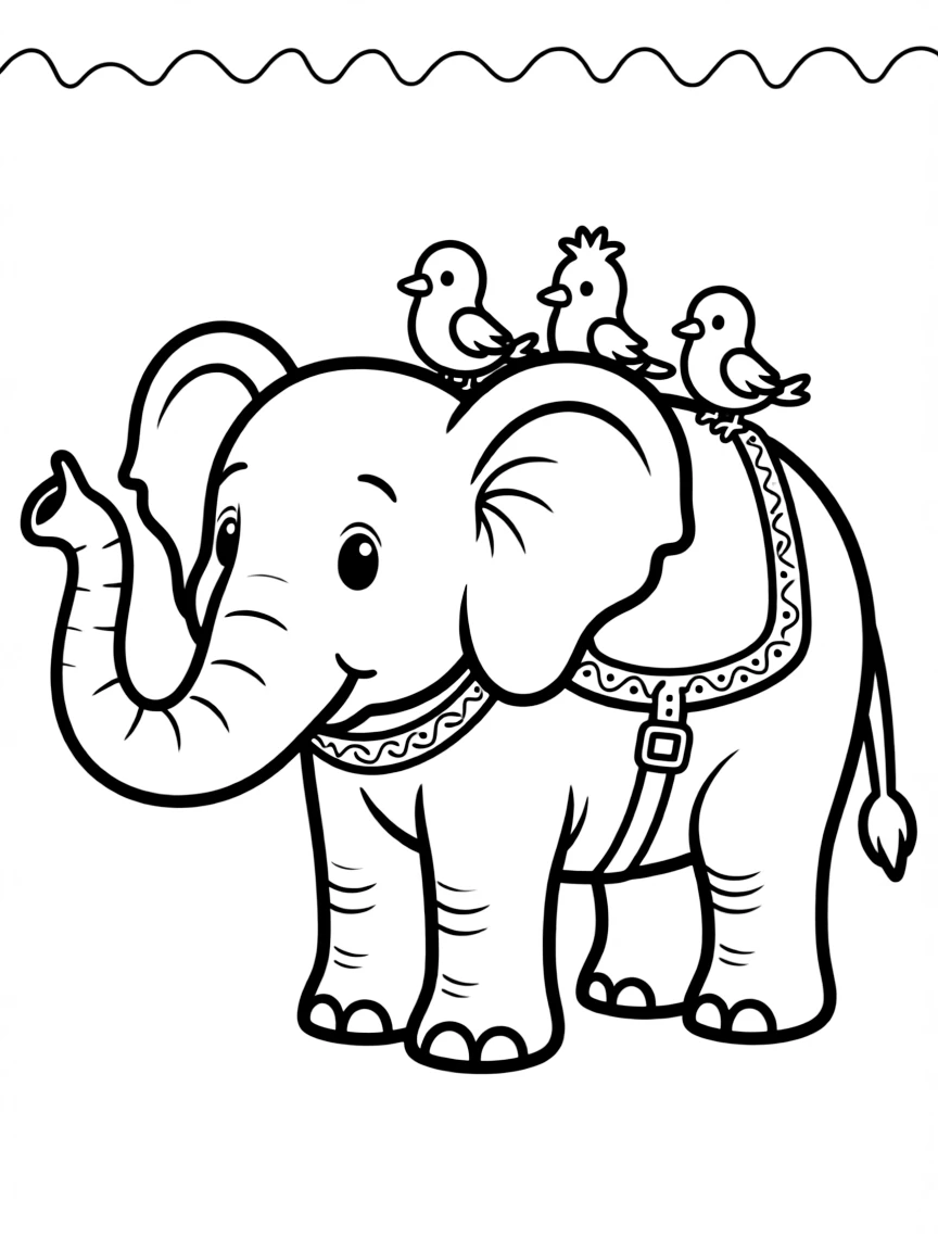 An elephant with birds perched on its back.