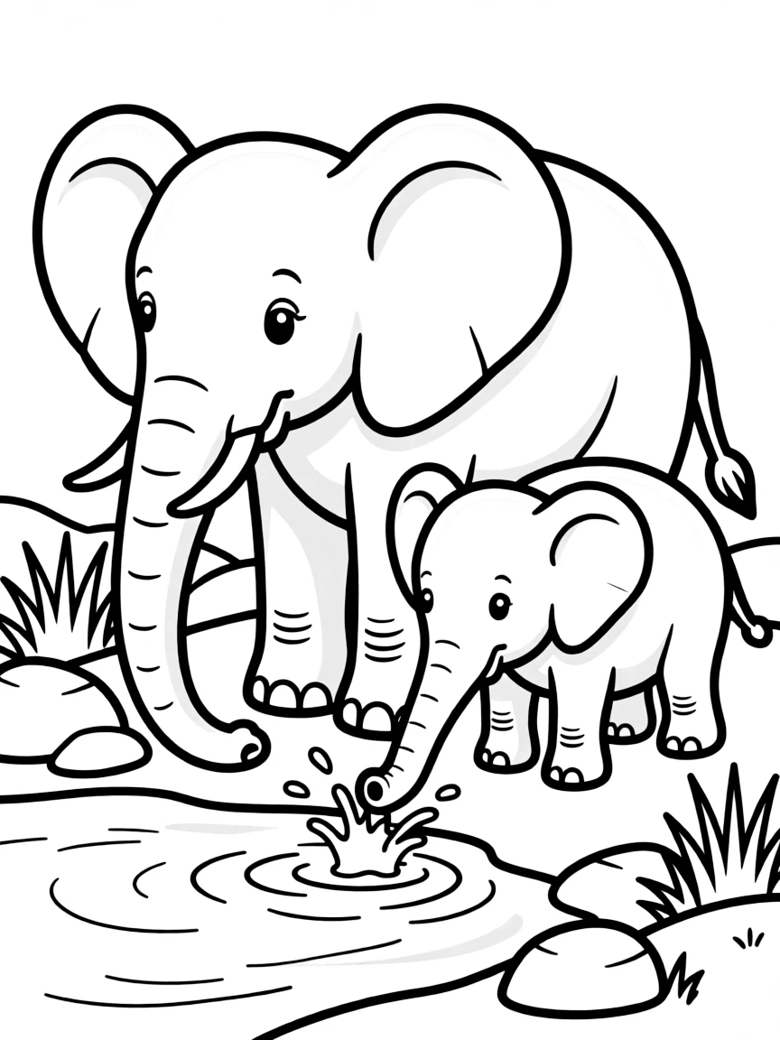 An elephant family at a watering hole.
