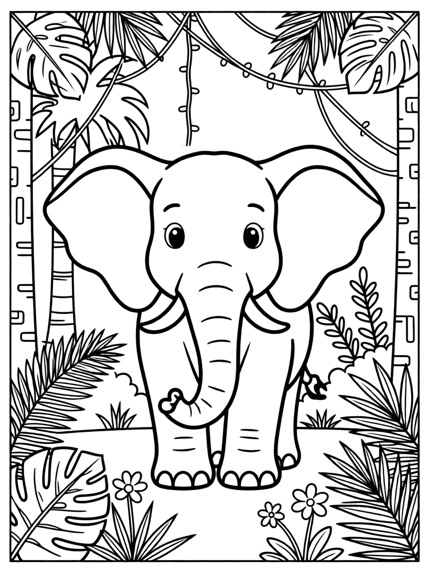 An elephant with a detailed jungle background.