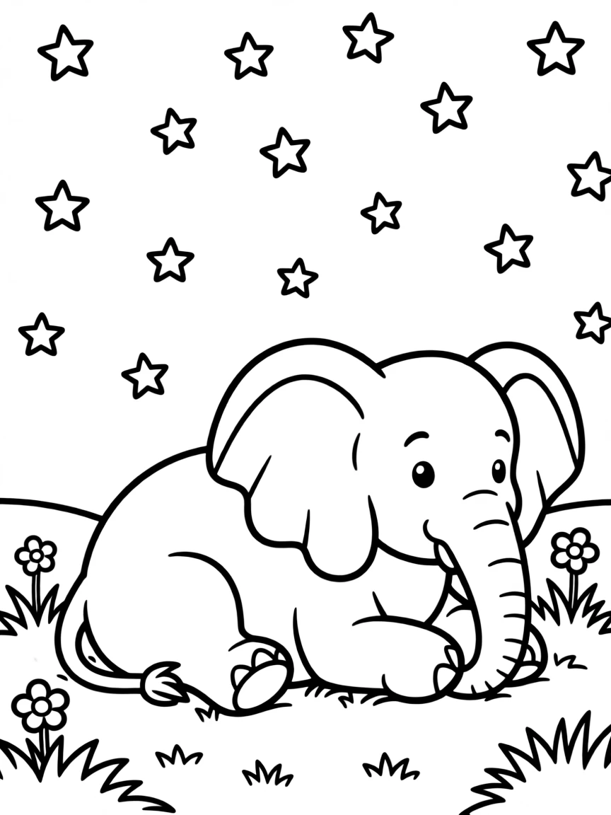 An elephant resting under a starry sky.