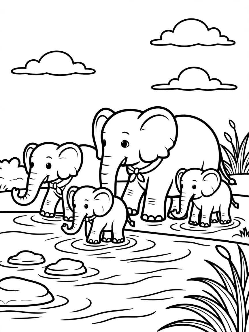 An elephant family crossing a river.