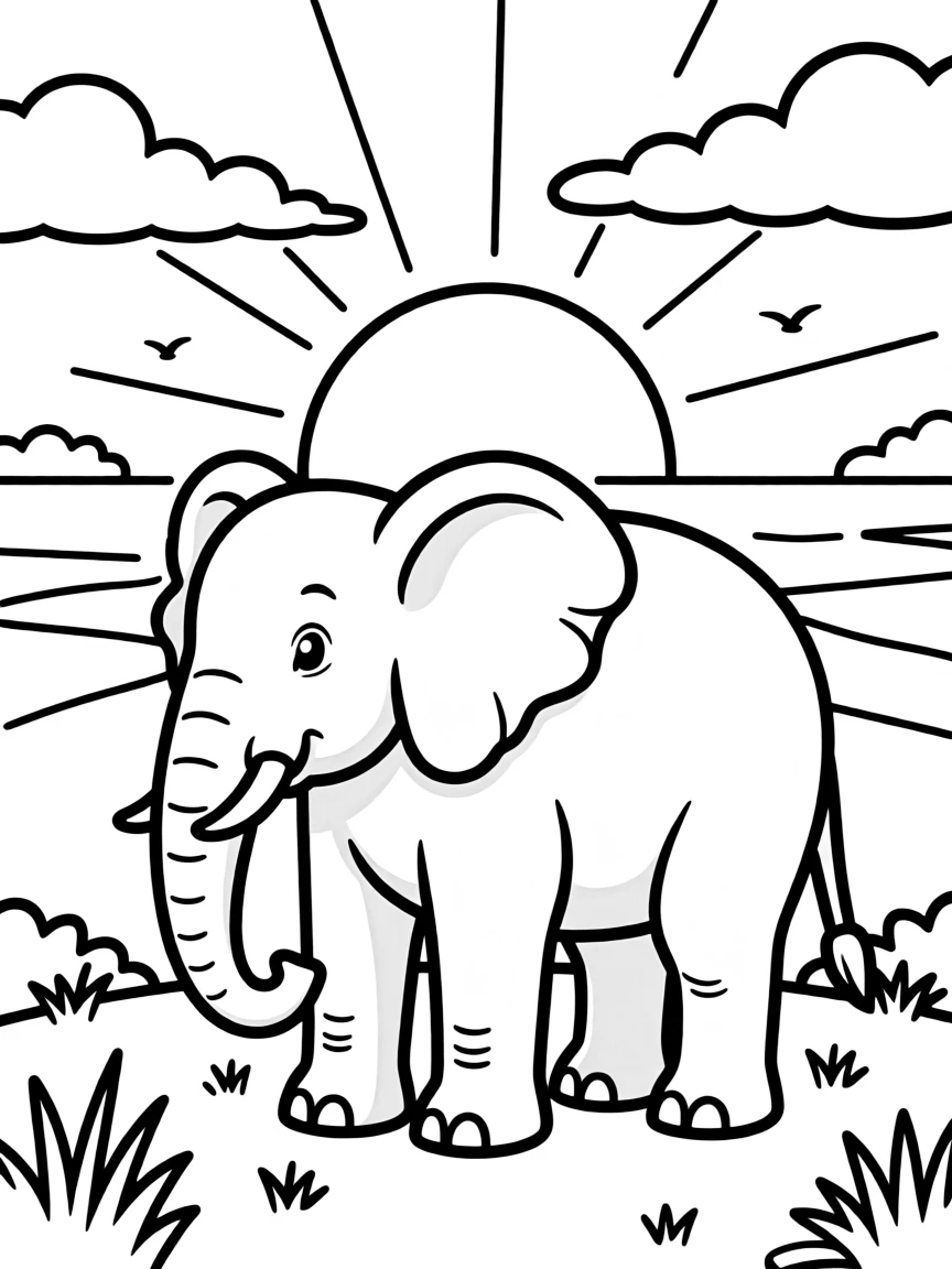 An elephant with a detailed sunset background.