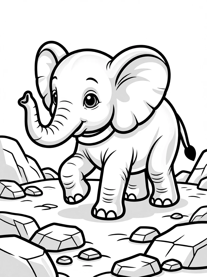 An elephant calf exploring a rocky terrain.
