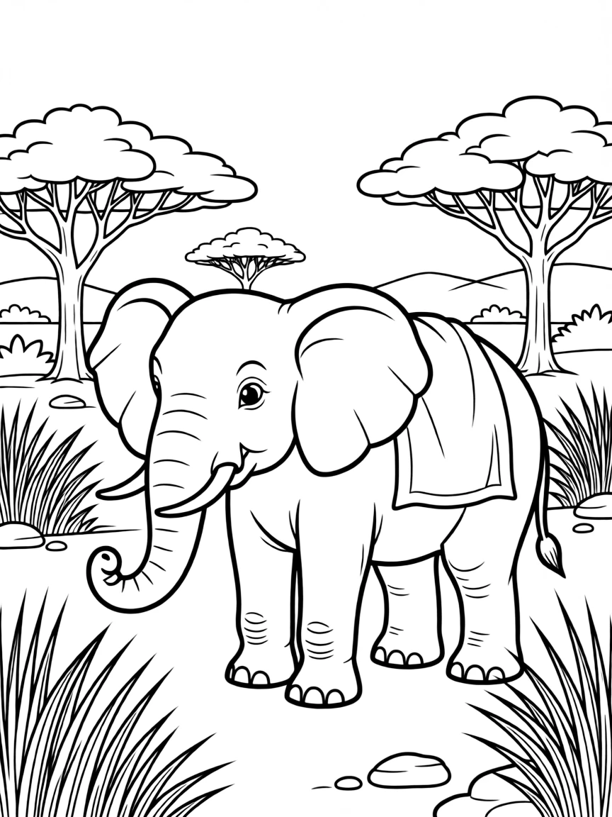 An elephant with a detailed savannah background.