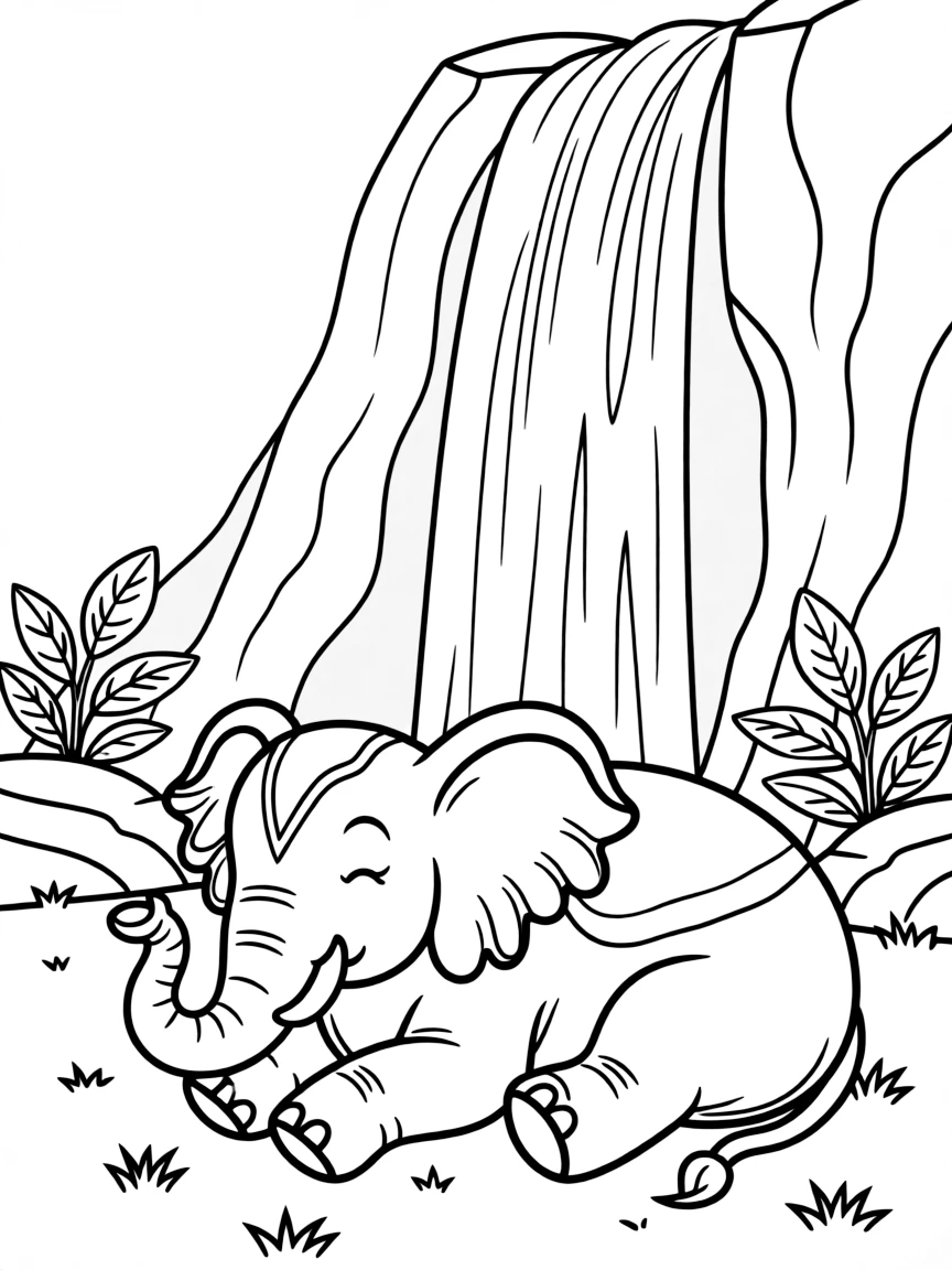 An elephant resting under a waterfall.