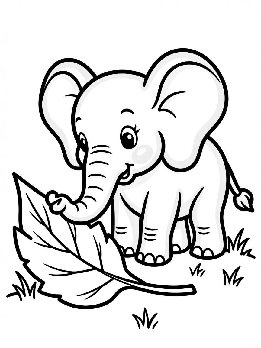 An elephant calf playing with a fallen leaf.