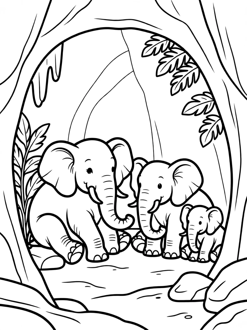 An elephant family resting in a cave.