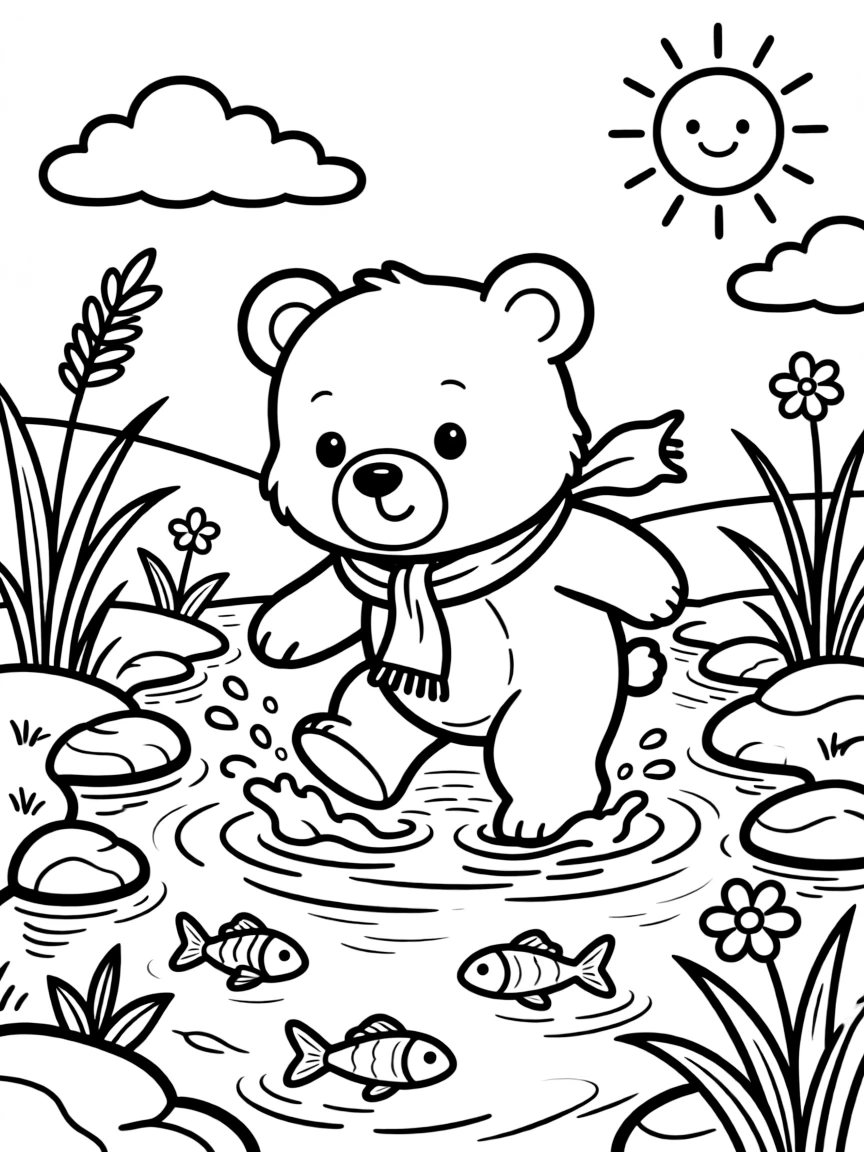 A bear cub playing in a stream.