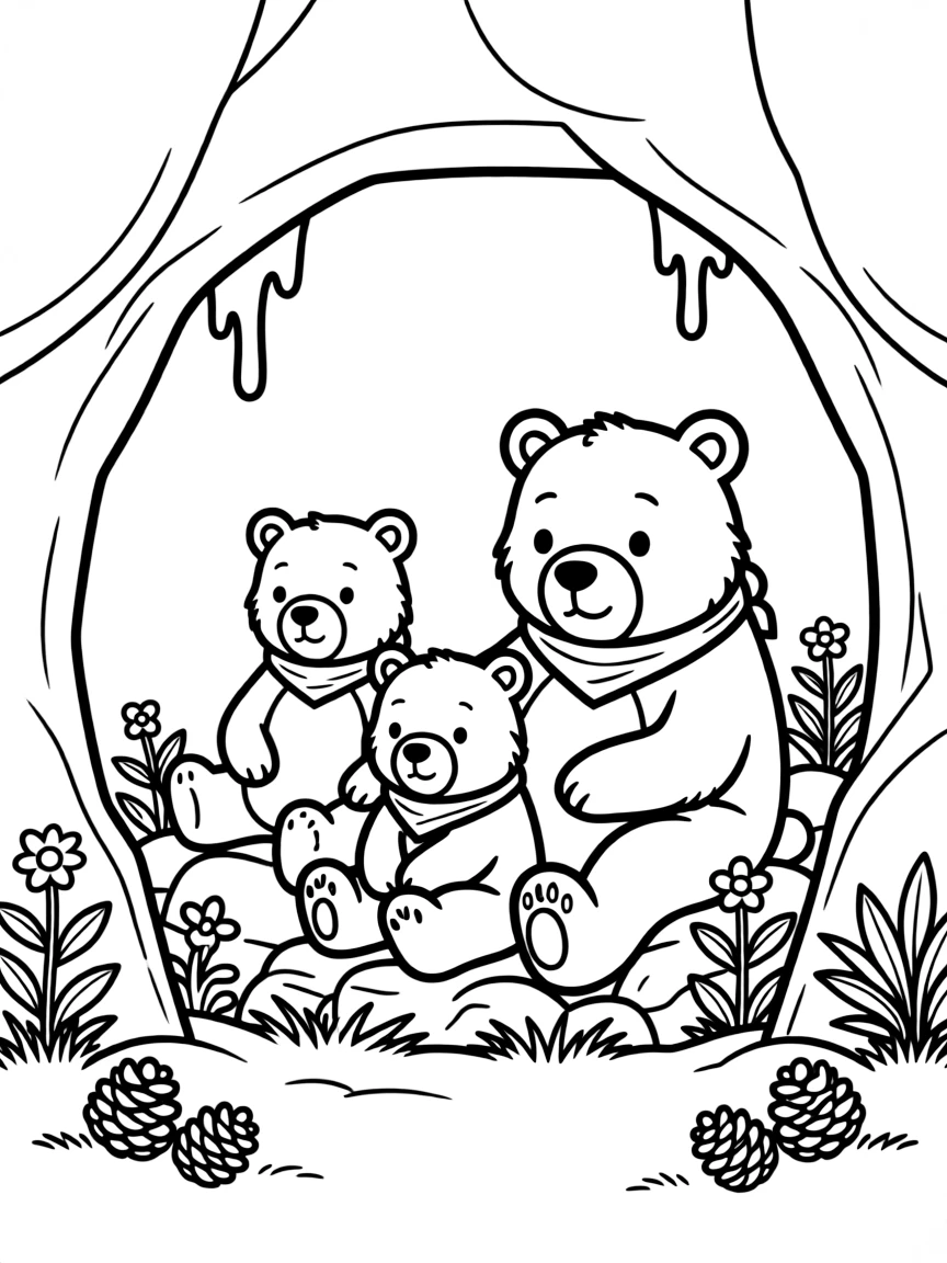 A bear family resting in a cave.