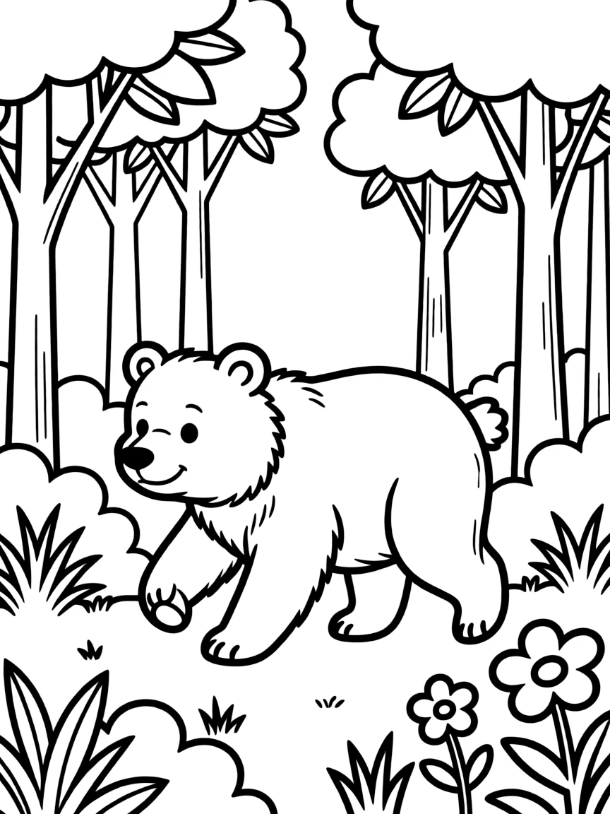 A bear walking through a dense forest.