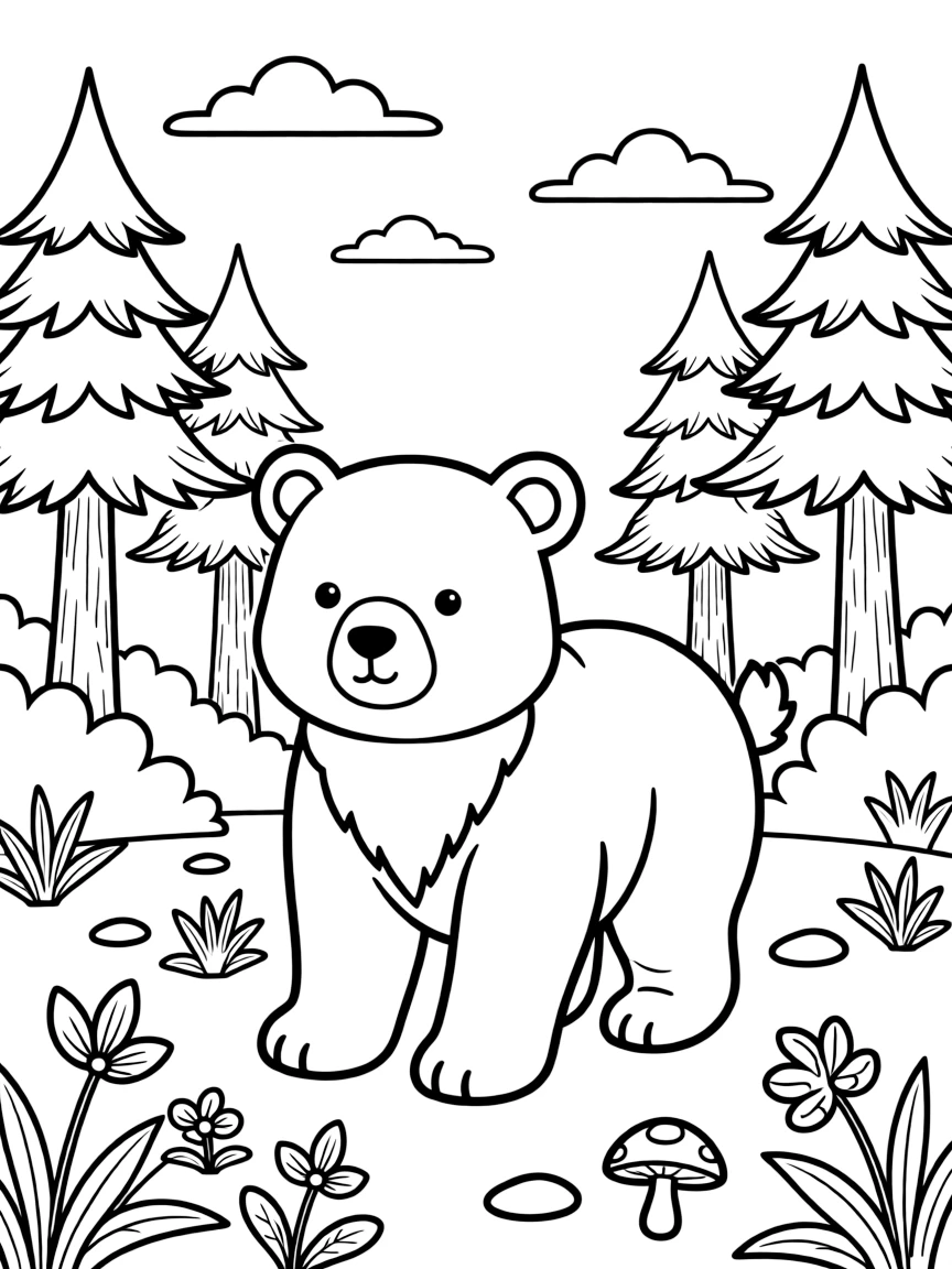 A bear with a detailed forest background.
