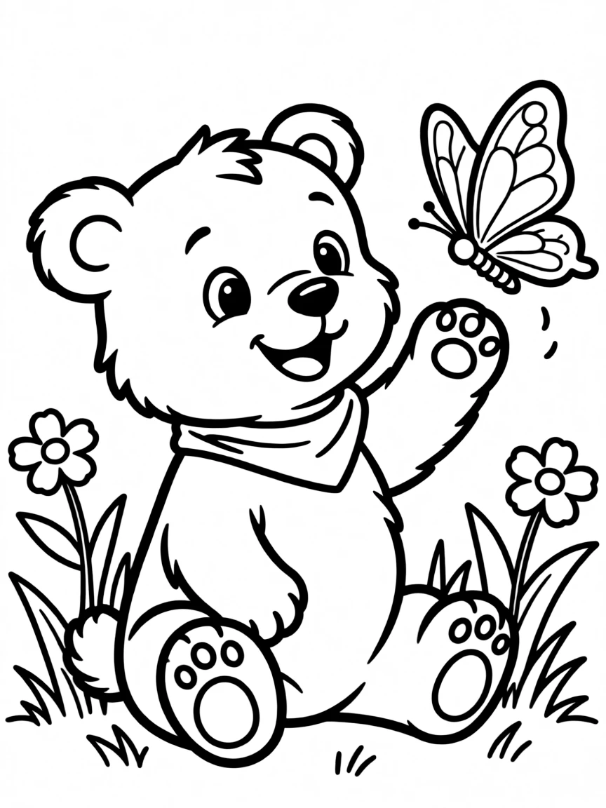 A bear cub playing with a butterfly.