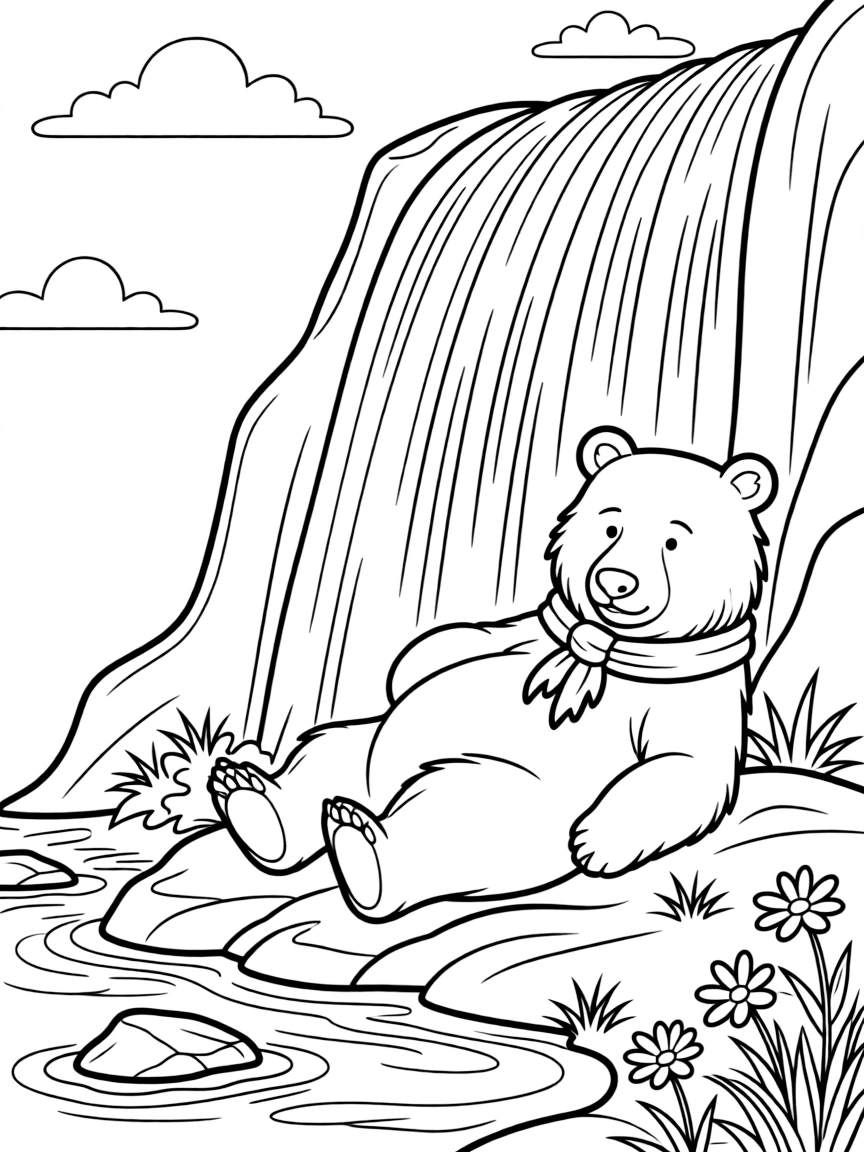 A bear resting under a waterfall.