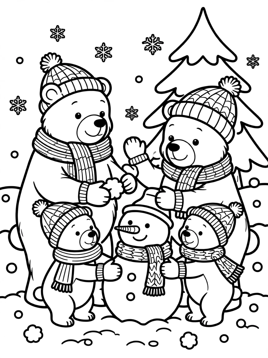 A bear family playing in the snow.