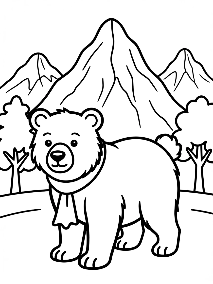 A bear with a detailed mountain background.