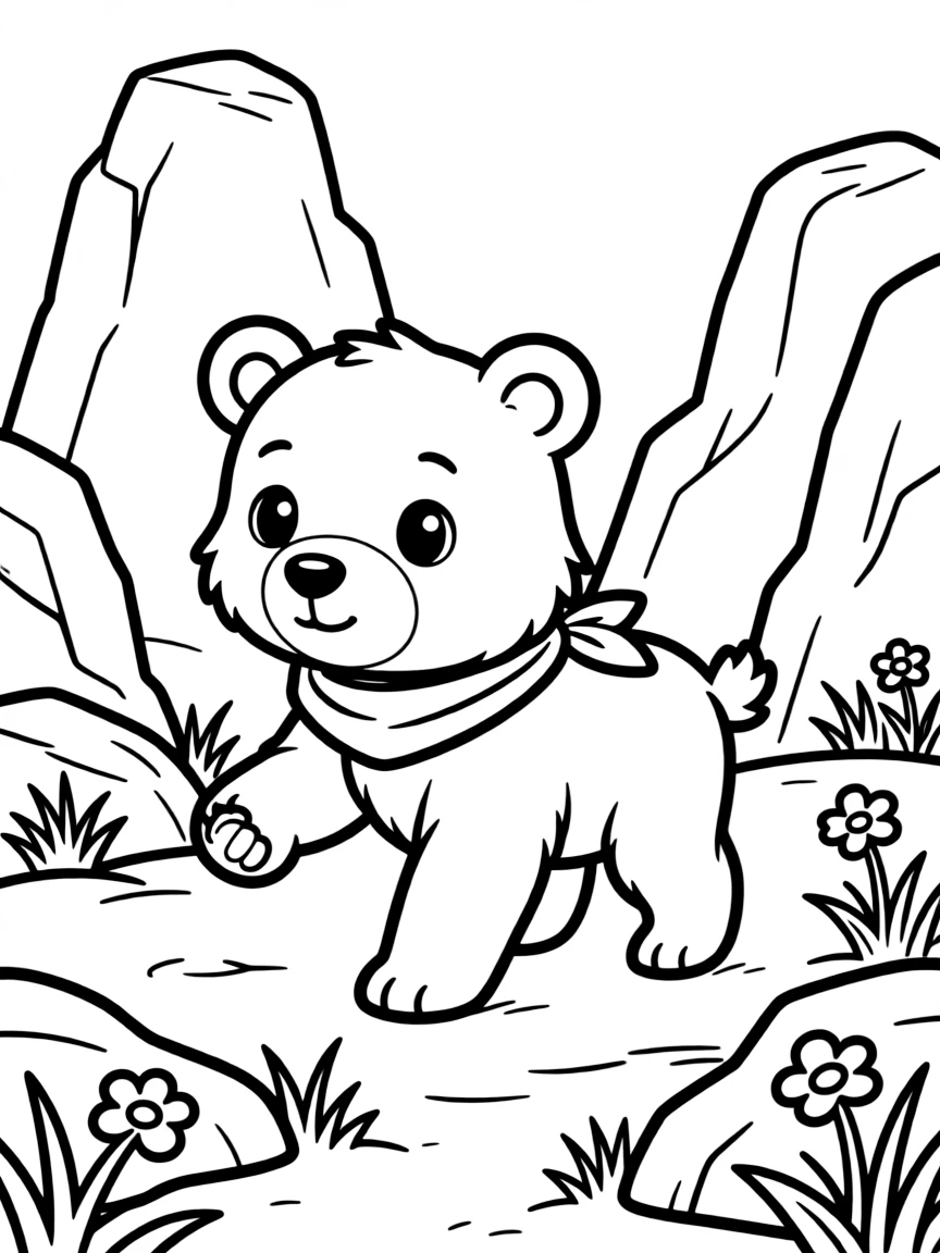 A bear cub exploring a rocky terrain.