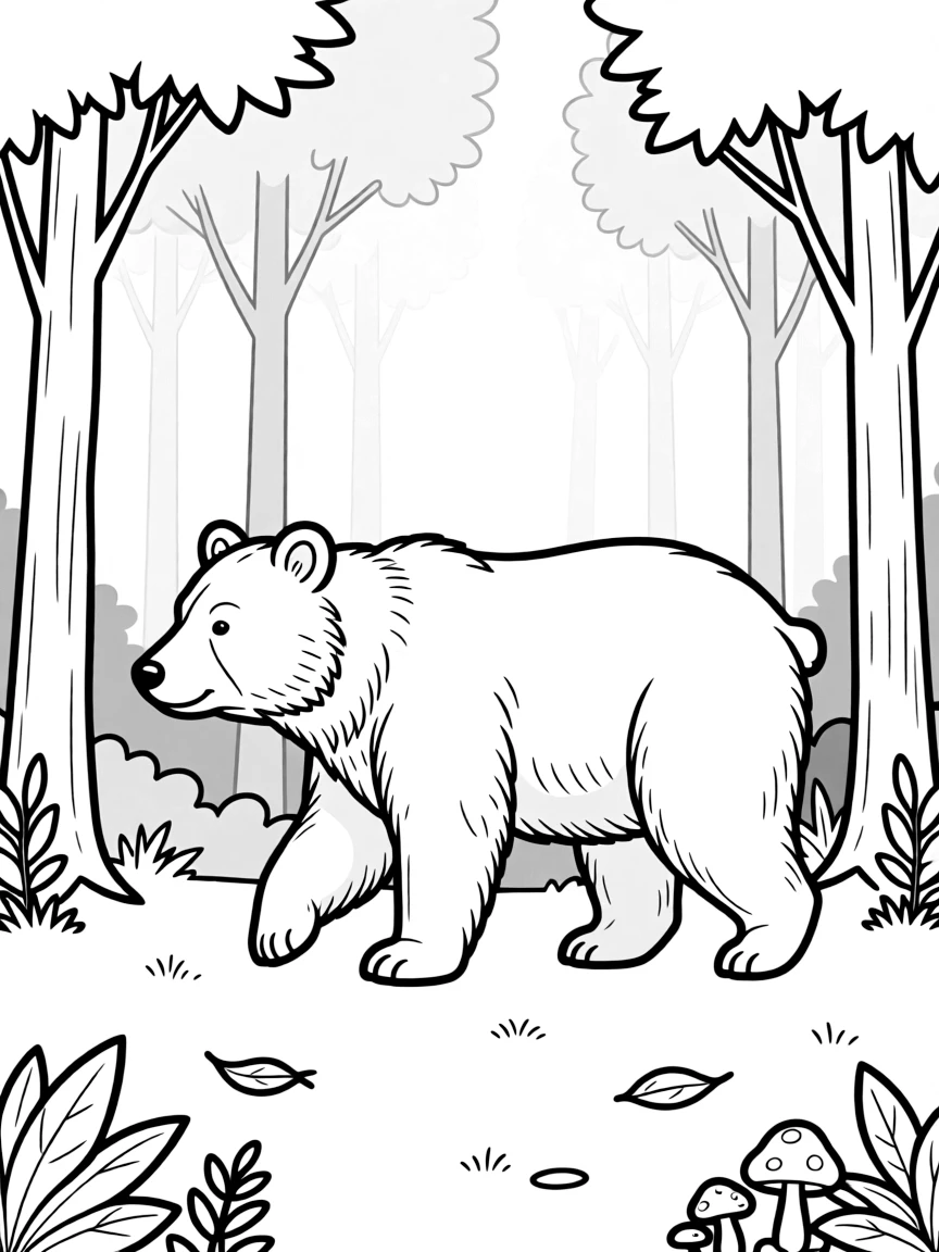 A bear walking through a misty forest.