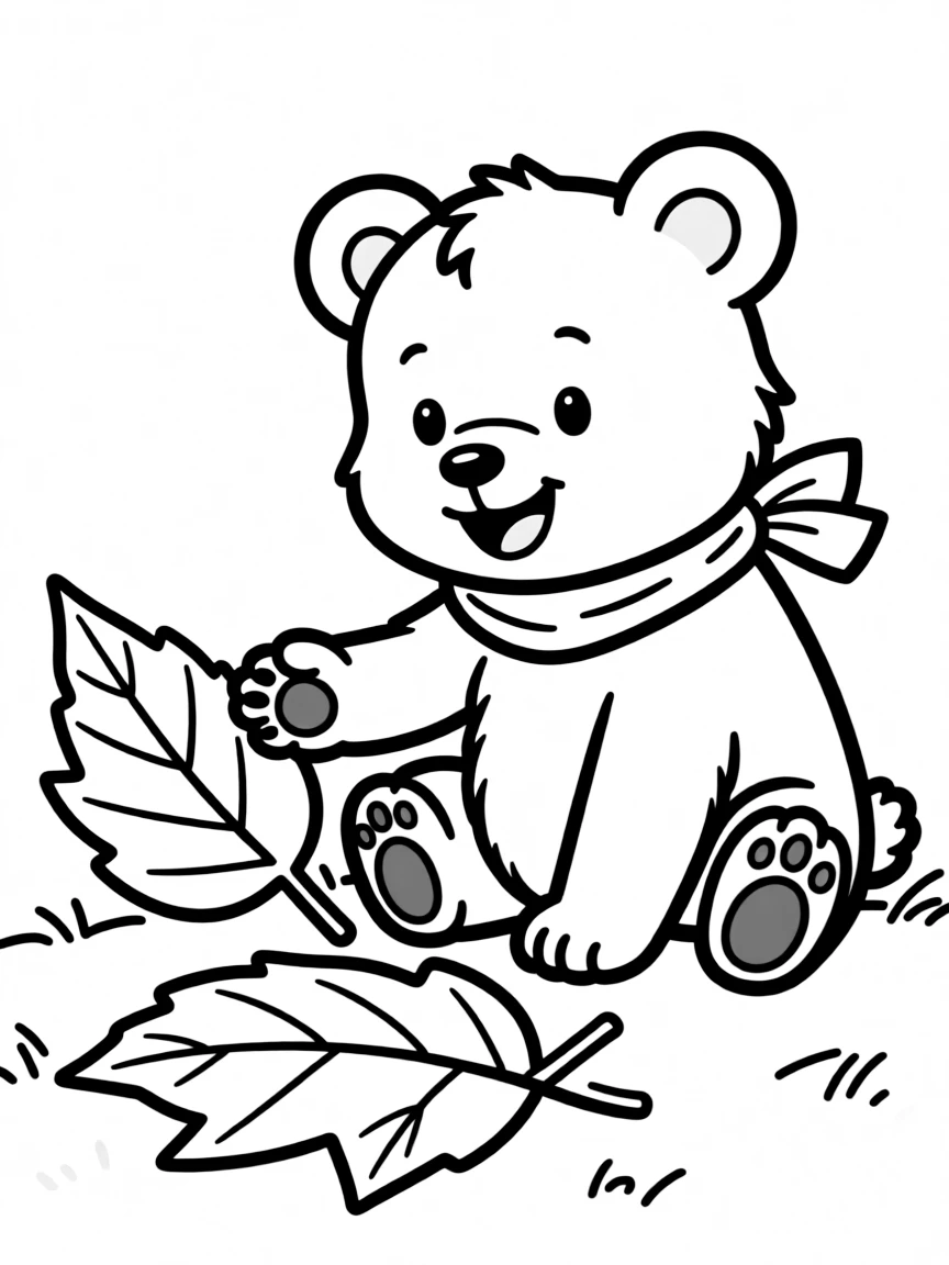A bear cub playing with a fallen leaf.