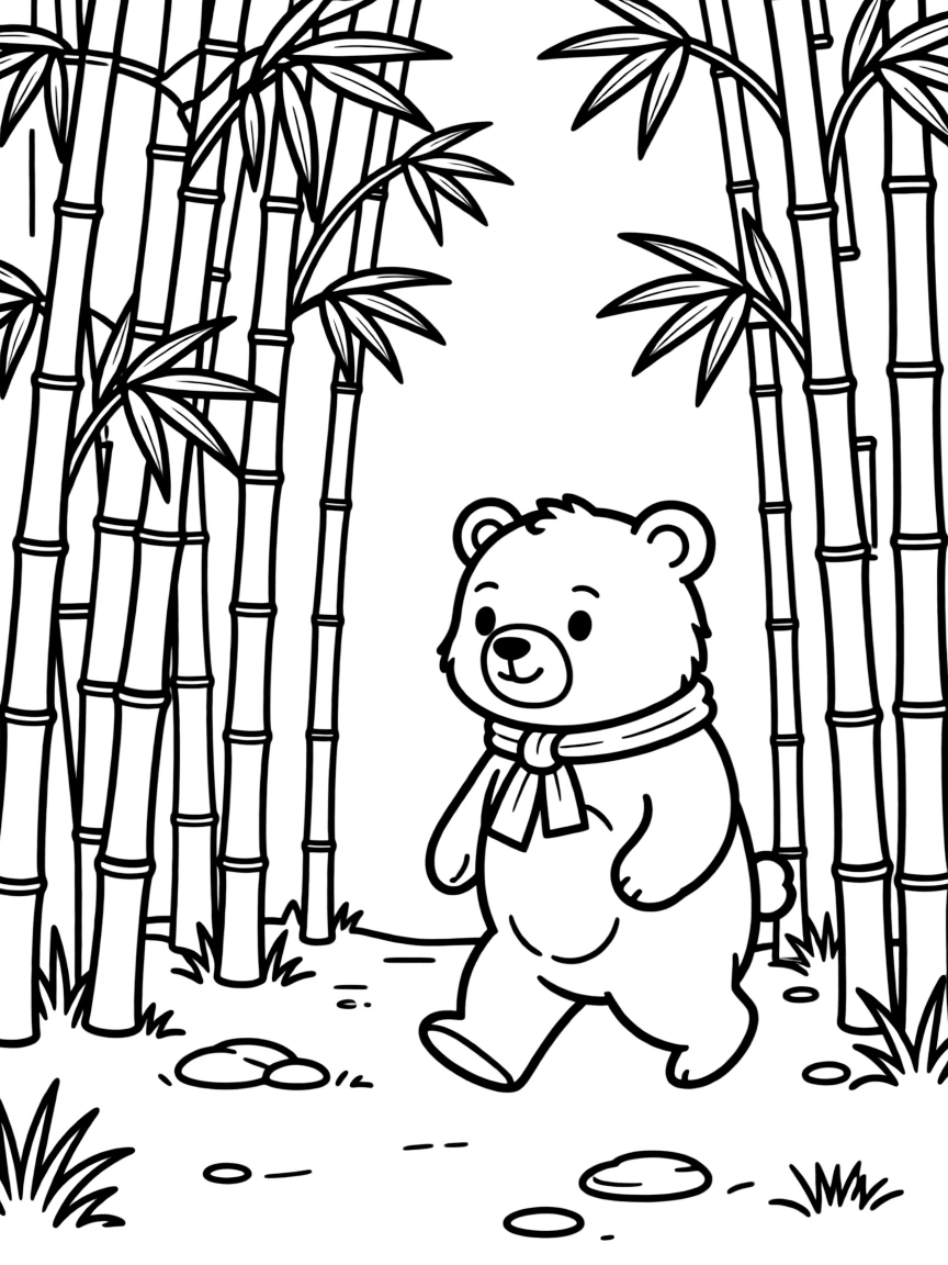 A bear walking through a bamboo forest.