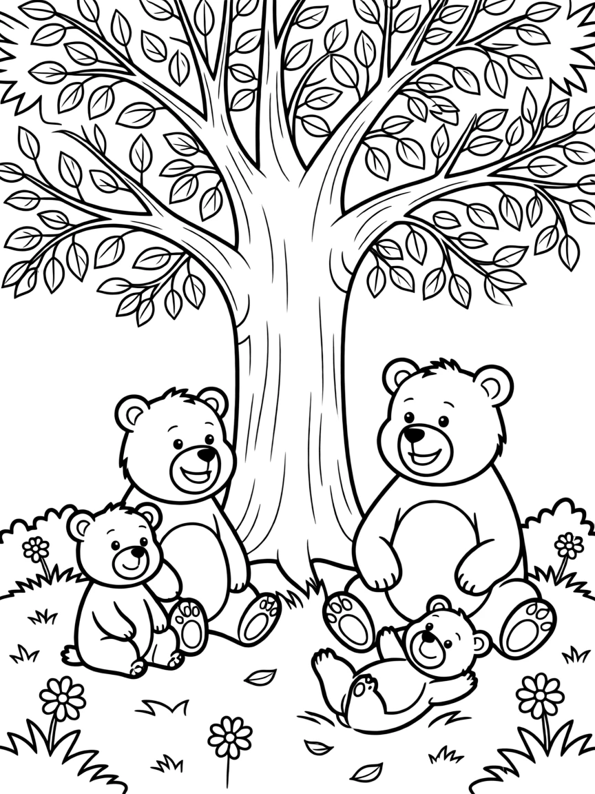 A bear family resting under a large tree.