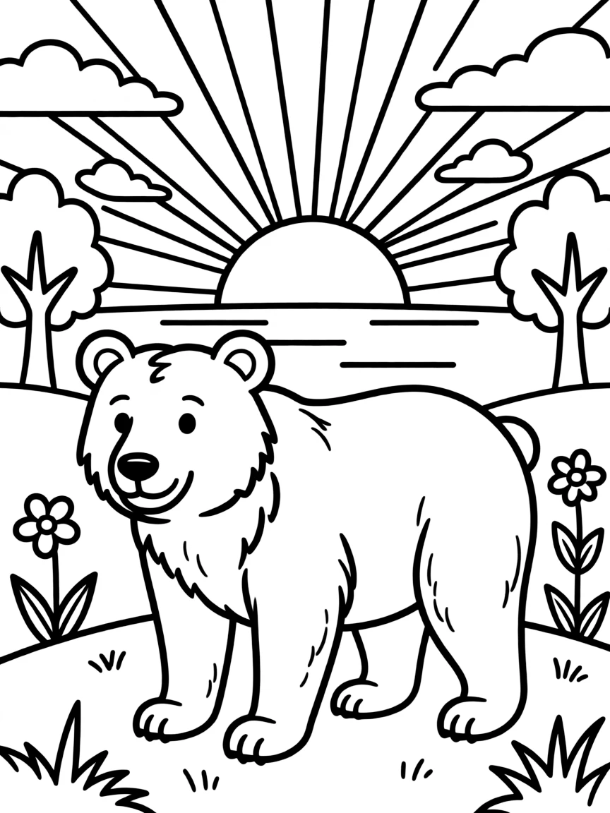 A bear with a detailed sunset background.