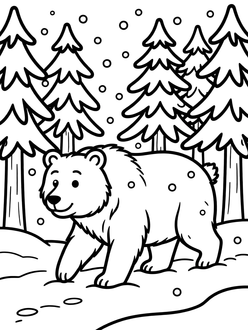 A bear walking through a snowy forest.