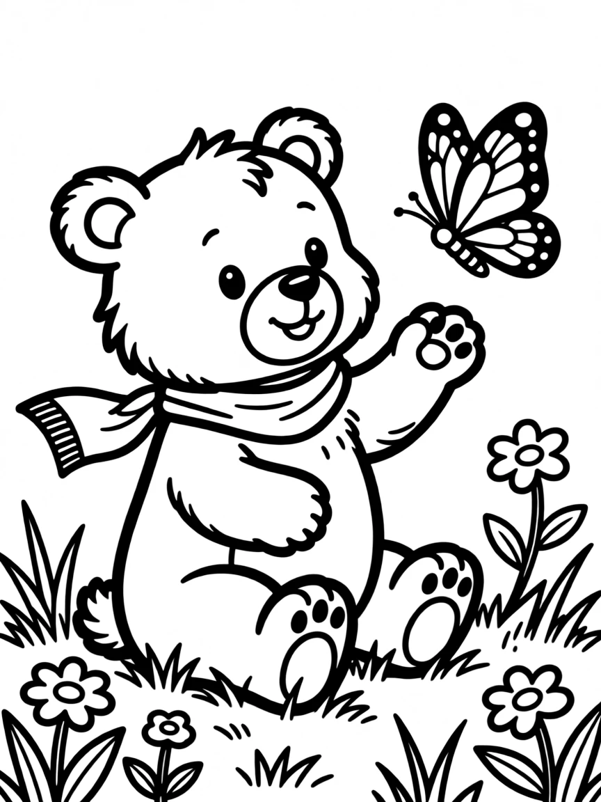 A bear cub playing with a butterfly.