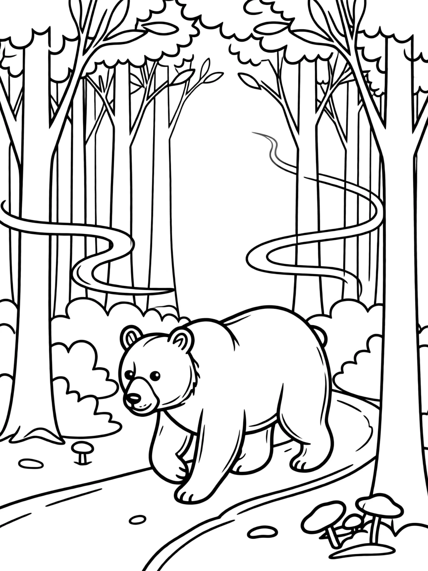 A bear walking through a misty forest.