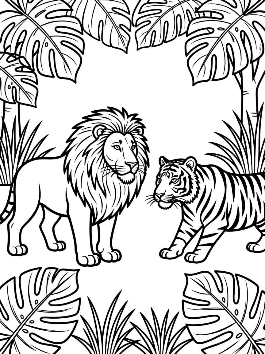 A lion and tiger facing off in the jungle.