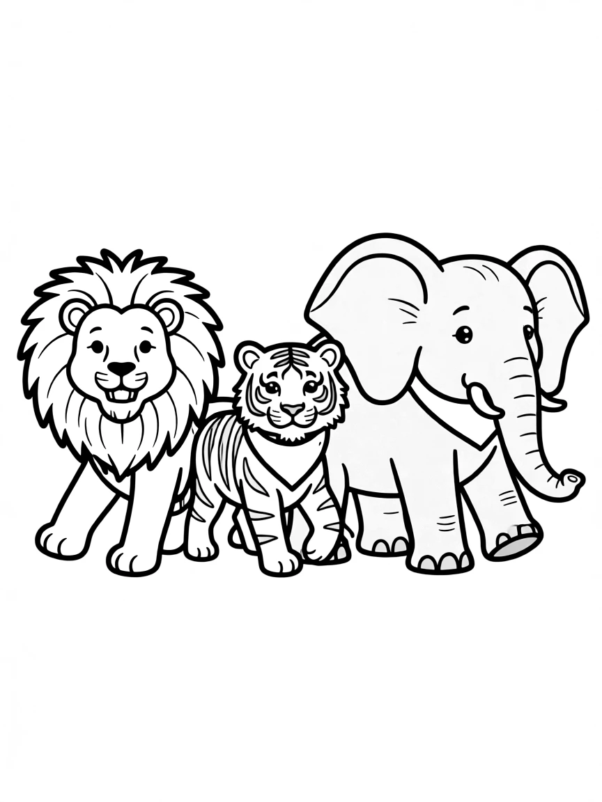 A lion, tiger, and elephant walking together.