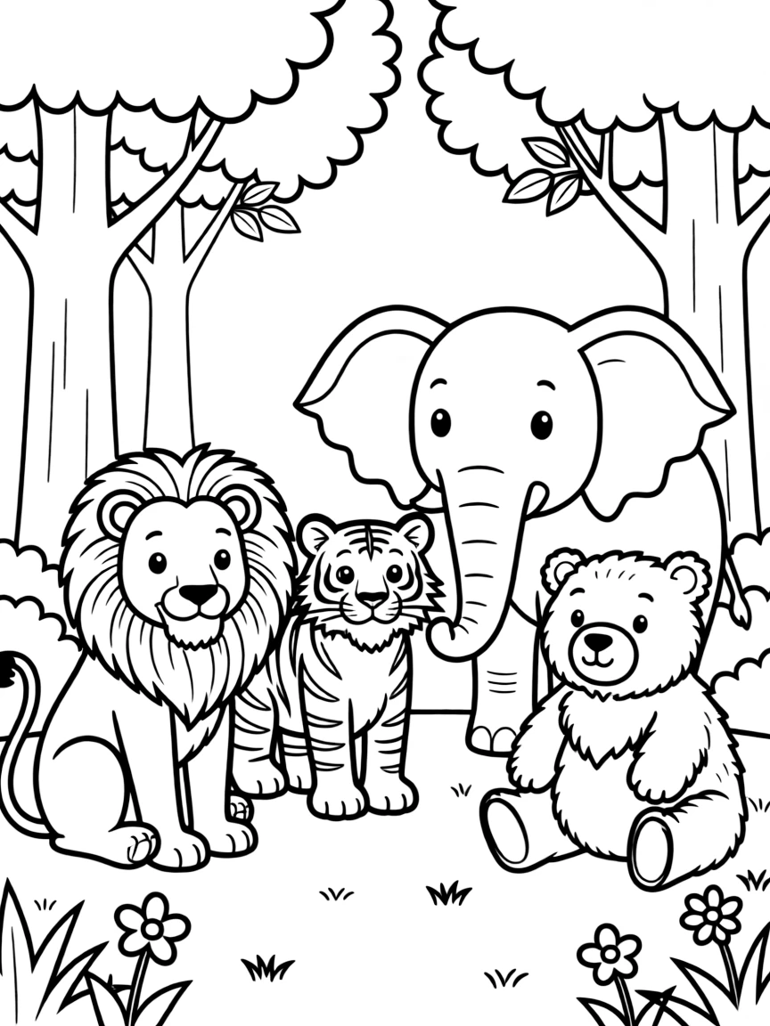 A lion, tiger, elephant, and bear in a forest.