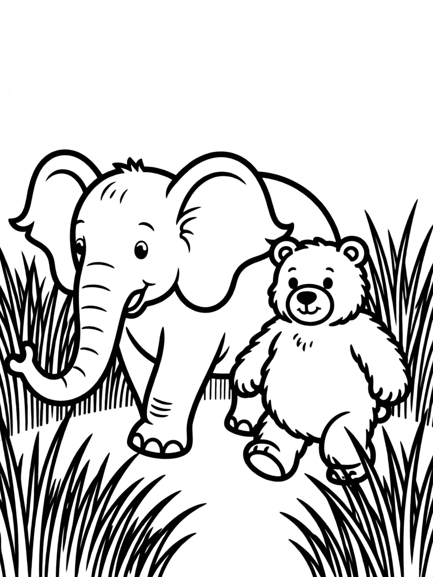 An elephant and bear walking through tall grass.