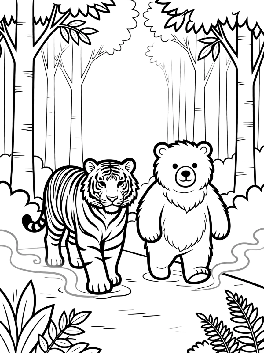 A tiger and bear walking through a misty forest.