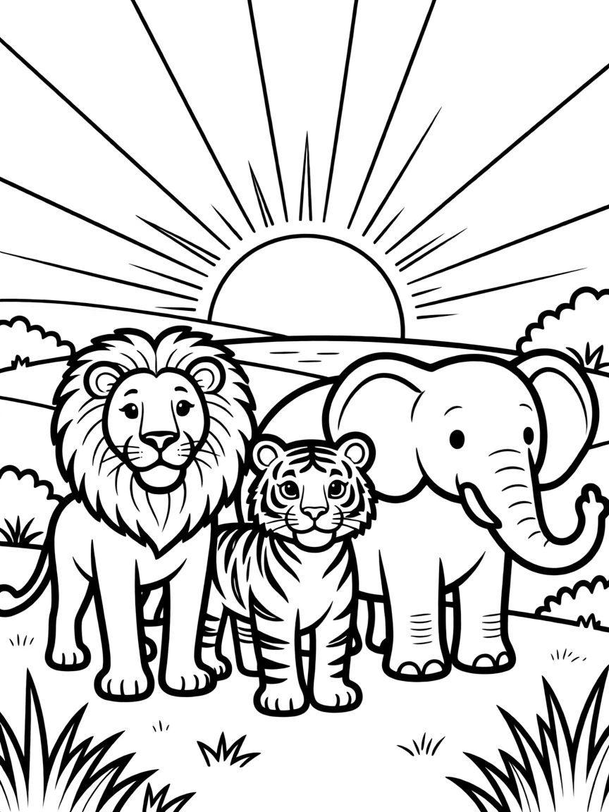 A lion, tiger, and elephant at sunset.