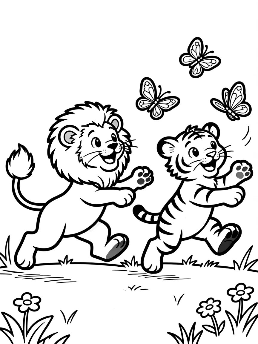 A lion and tiger cubs chasing butterflies.