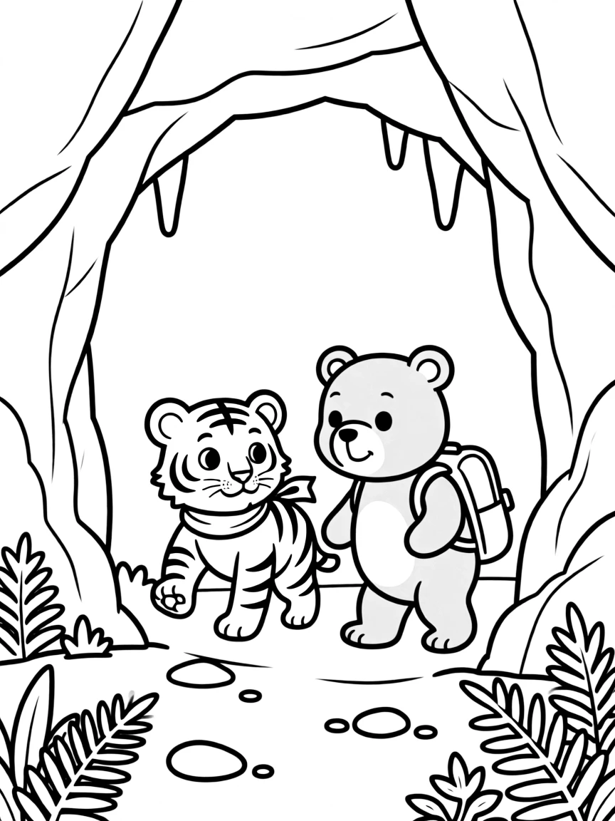 A tiger and bear cubs exploring a cave.