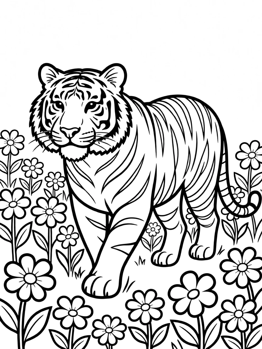 A tiger walking through a field of flowers.