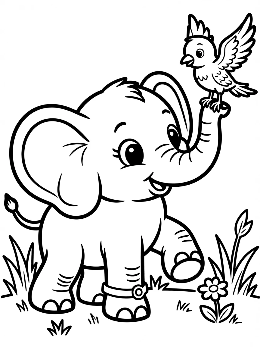 An elephant calf playing with a bird.