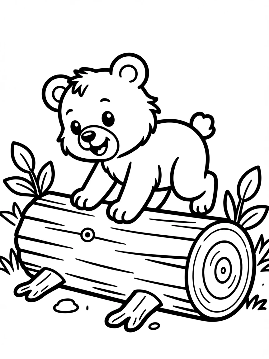 A bear cub climbing a fallen log.