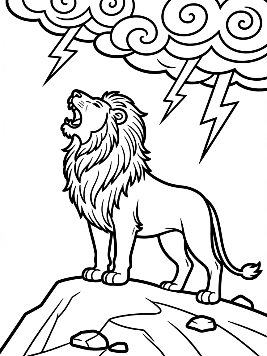 A lion roaring at a stormy sky.
