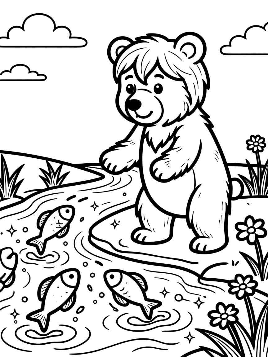 A bear catching fish in a sparkling river.