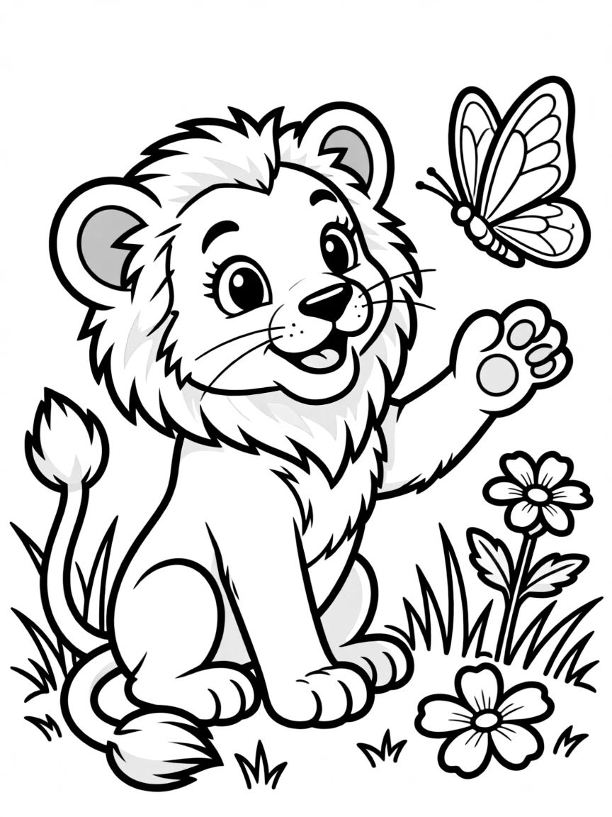 A lion cub playing with a butterfly.