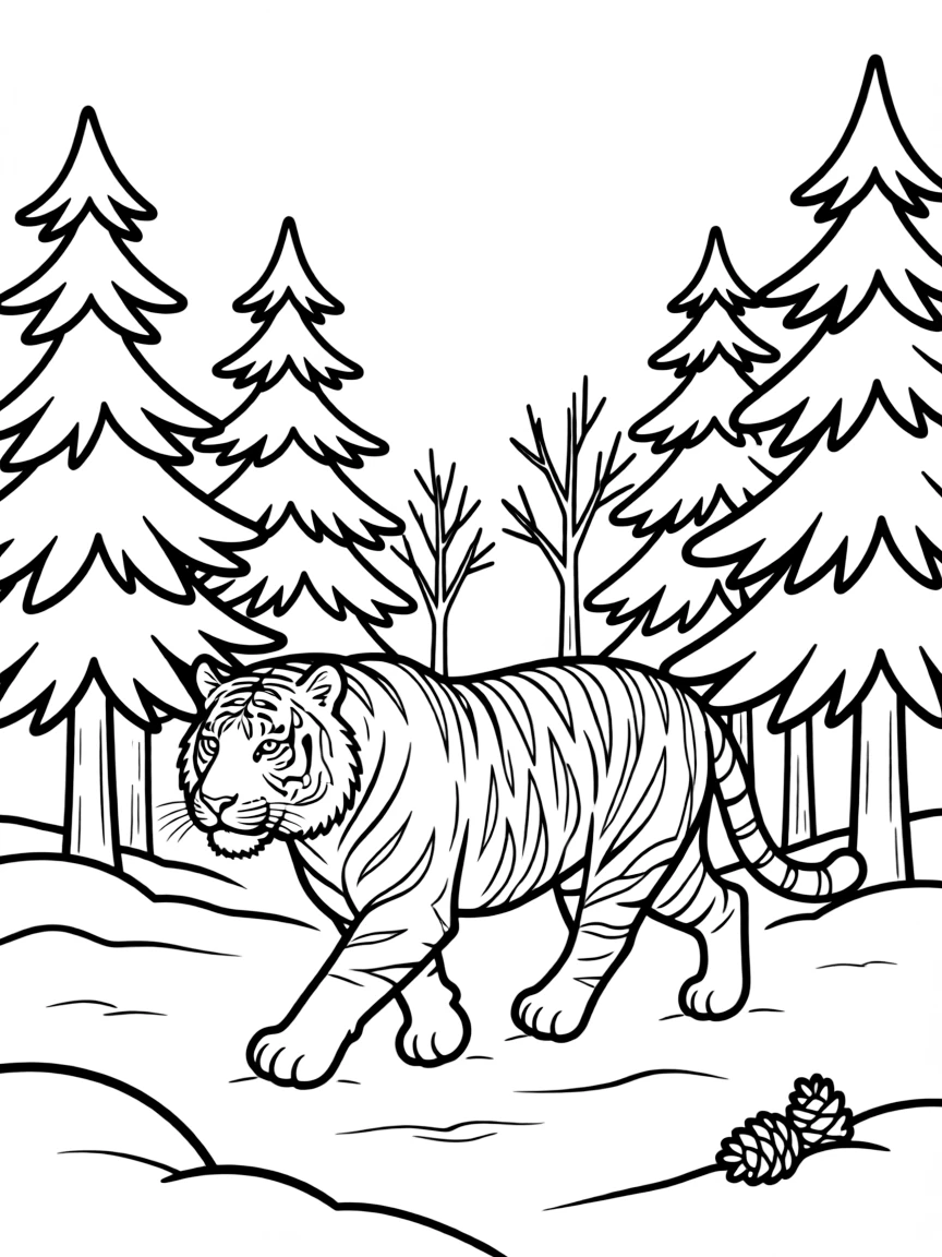 A tiger walking through a snowy forest.