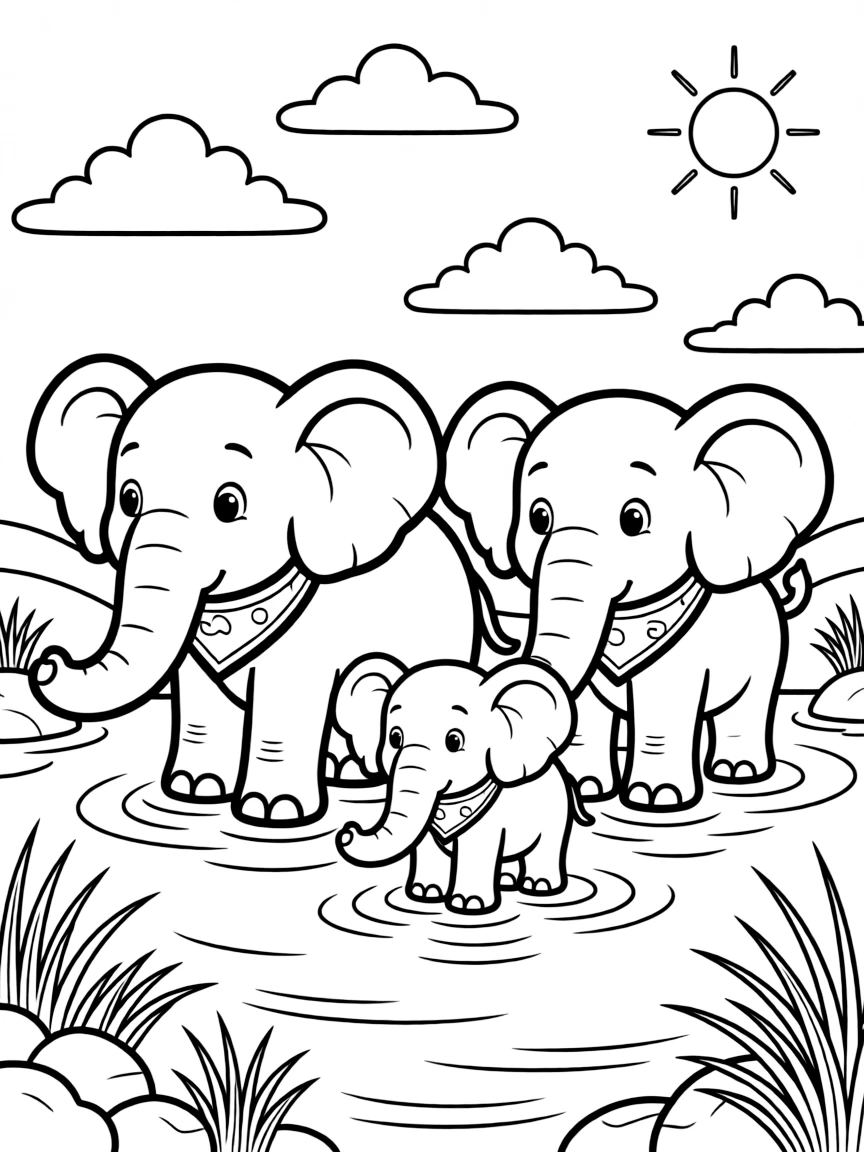 An elephant family crossing a river.