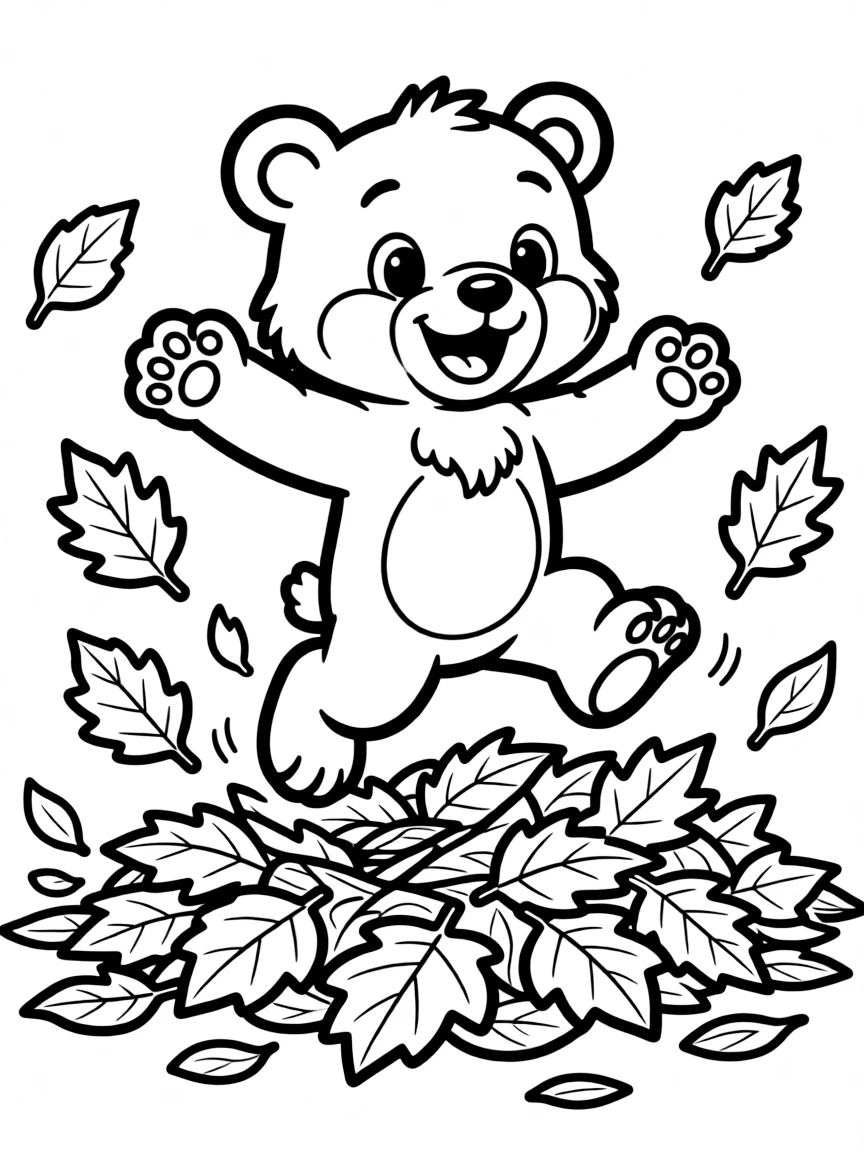 A bear cub playing in a pile of leaves.